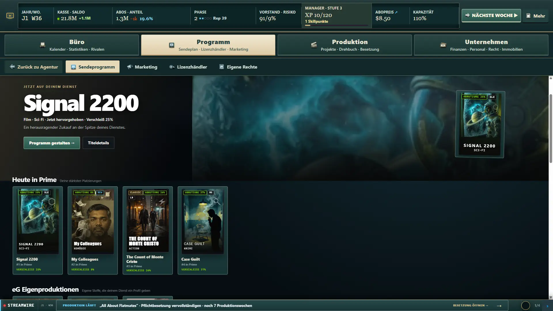 Katalogseite des eigenen Streamingdienstes mit hervorgehobenem Film und der Primetime-Reihe