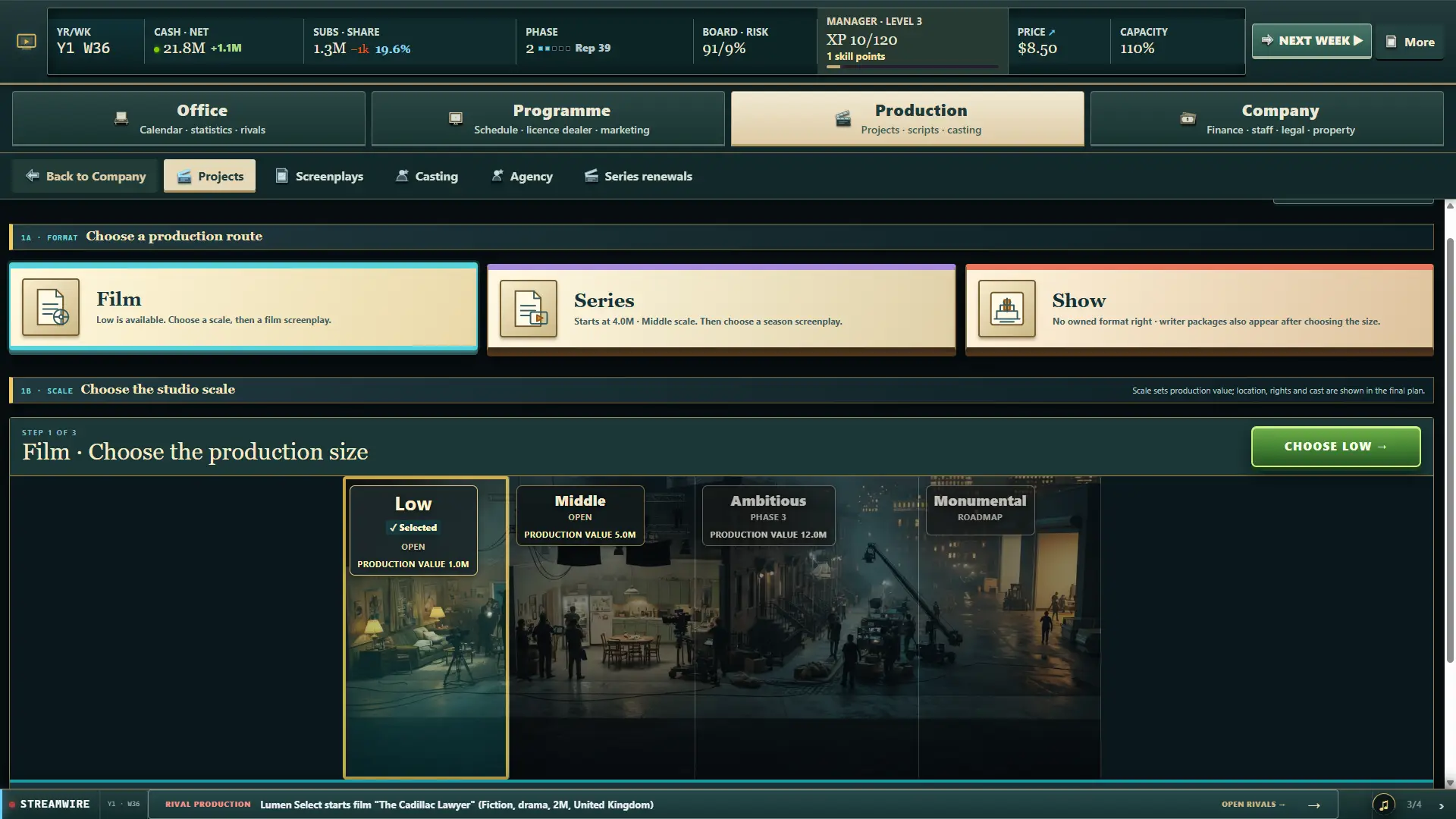 Choosing film, series or show and the production size from low to monumental